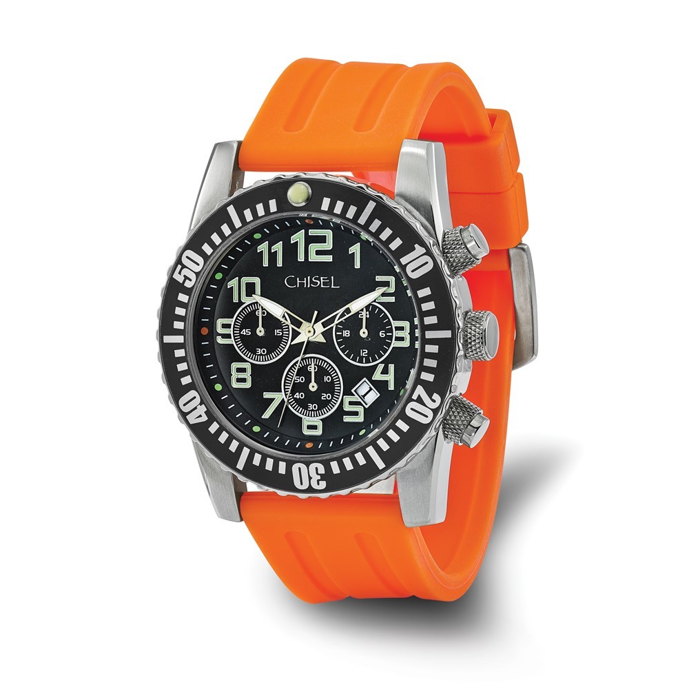 Mens Chisel Black Dial Orange Silicone Strap Chronograph Wrist Watch, 9 " Length